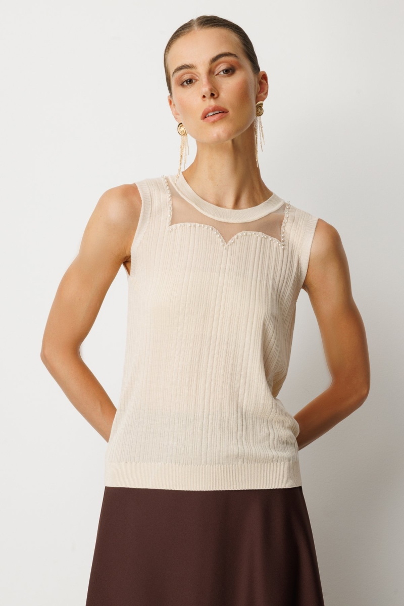 On Kadın Yakası Boncuklu Triko Bluz 60361 Krem Krem