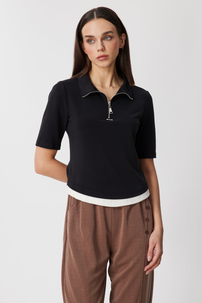 On Kadın Yakası Fermuarlı Kısa Kollu Bluz 76305 Siyah Siyah