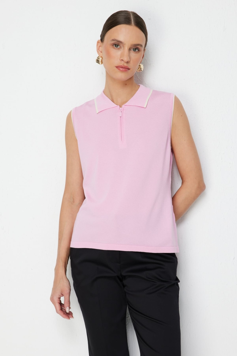 On Kadın Yakası Fermuarlı Kolsuz Bluz 79311 Pembe Pembe