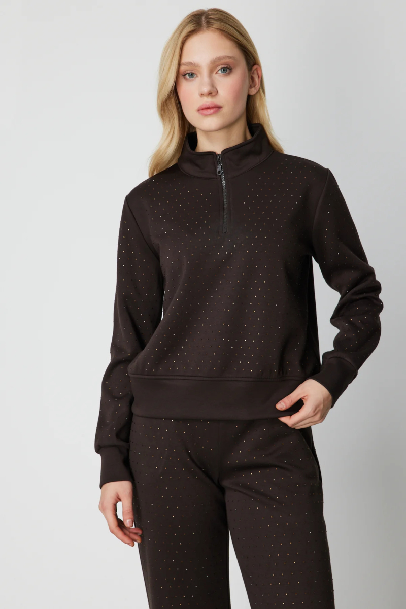 On Kadın Yakası Fermuarlı Taşlı Eşofman Üstü 66364 Kahverengi Kahverengi