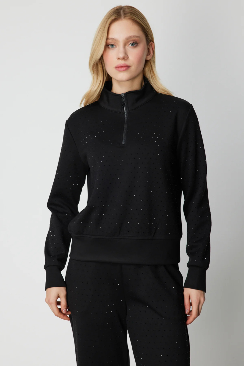 On Kadın Yakası Fermuarlı Taşlı Eşofman Üstü 66364 Siyah Siyah