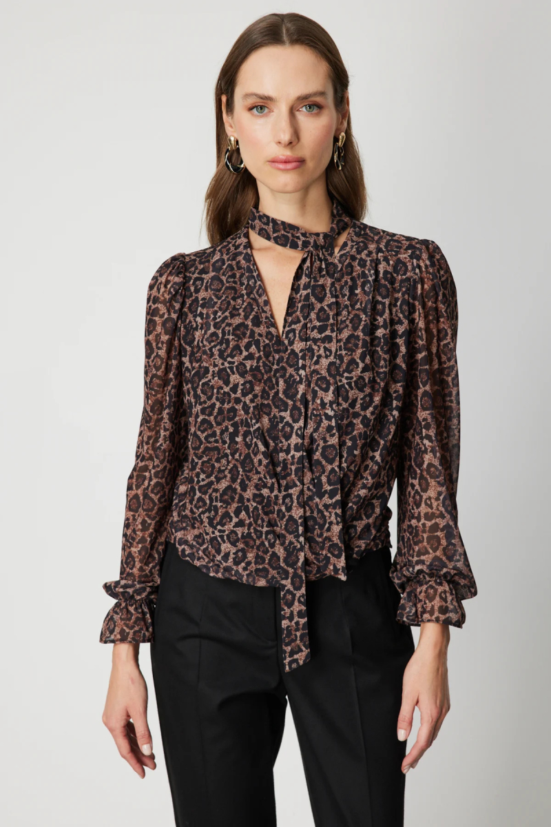 On Kadın Yakası Fularlı Leopar Desenli Bluz 62310 Leopar LEOPAR