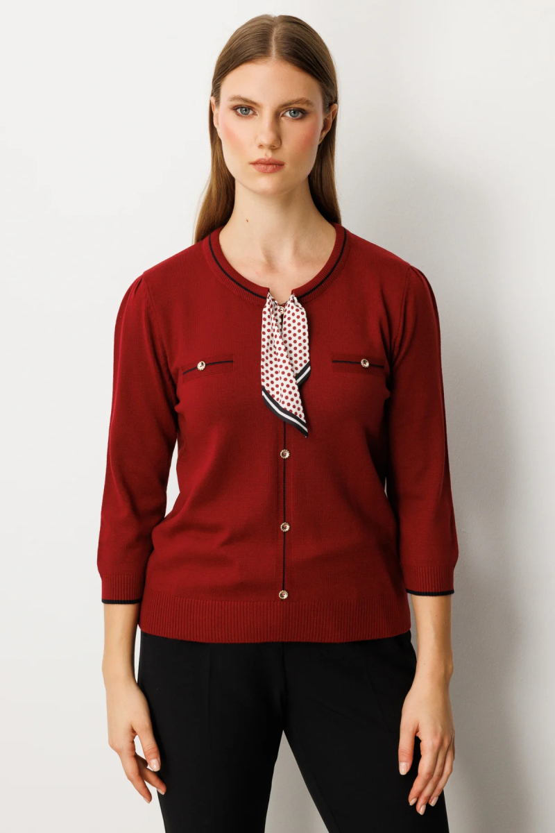 On Kadın Yakası Fularlı Triko Kazak 65352 Bordo Bordo