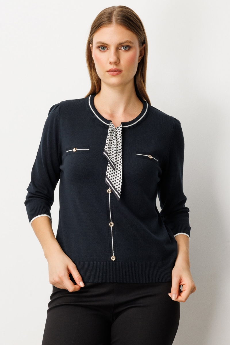 On Kadın Yakası Fularlı Triko Kazak 65352 Siyah Siyah