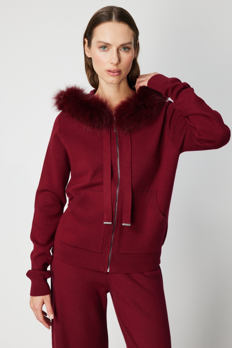 On Kadın Yakası Kürklü Fermuarlı Triko Hırka 63918 Bordo Bordo