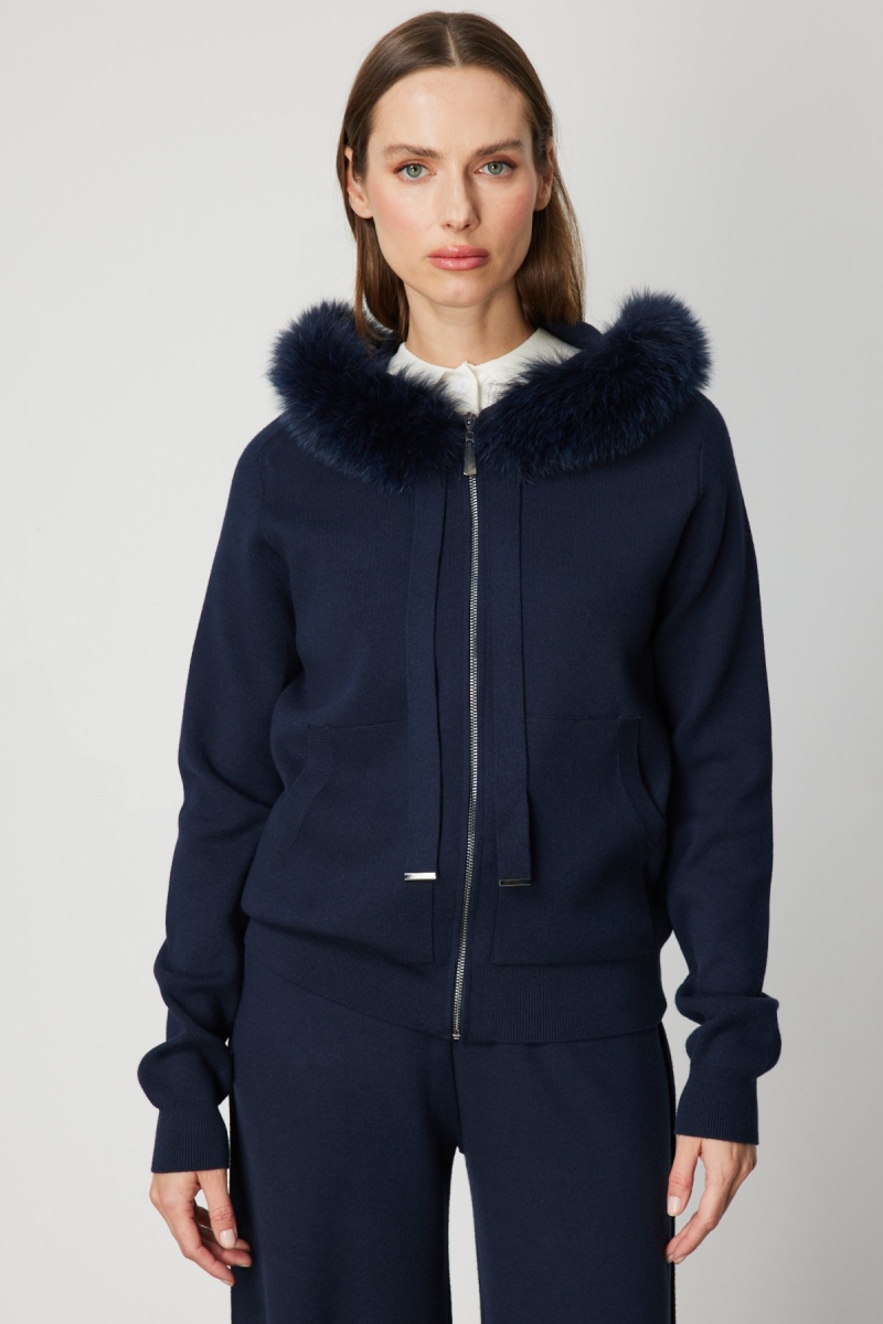 On Kadın Yakası Kürklü Fermuarlı Triko Hırka 63918 Lacivert Lacivert