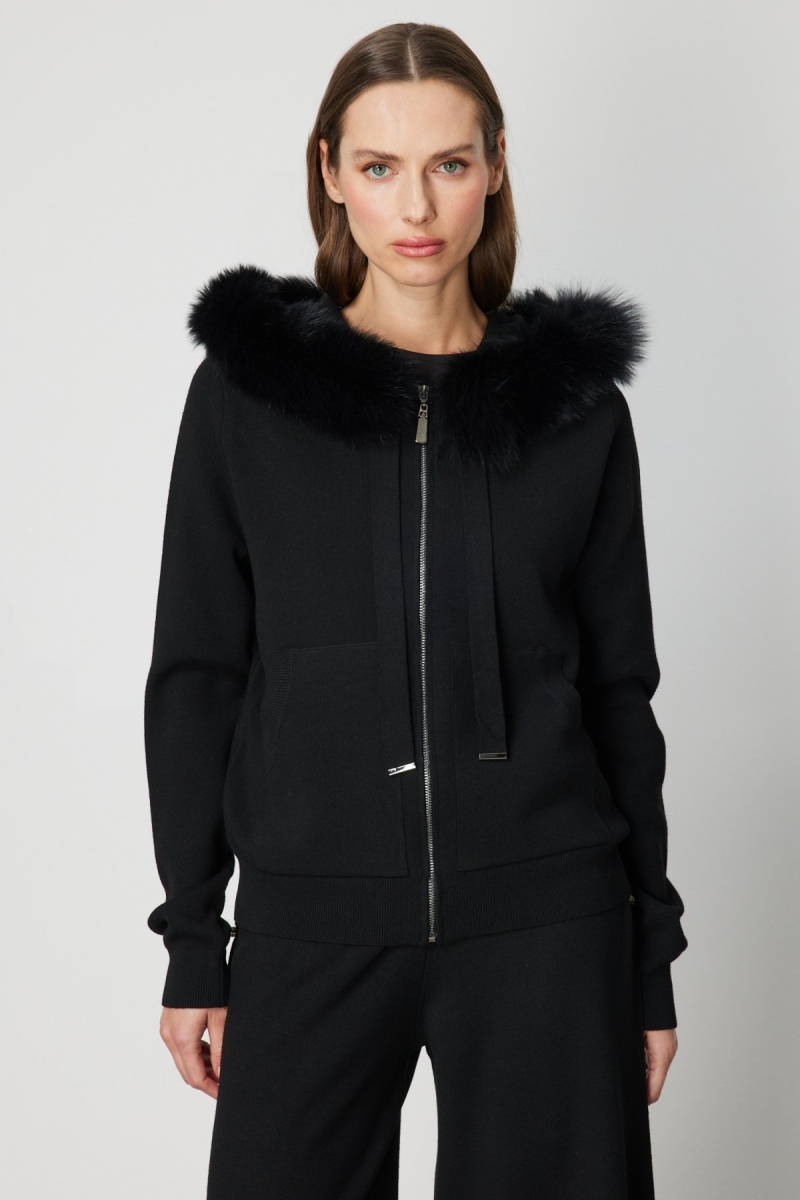 On Kadın Yakası Kürklü Fermuarlı Triko Hırka 63918 Siyah Siyah