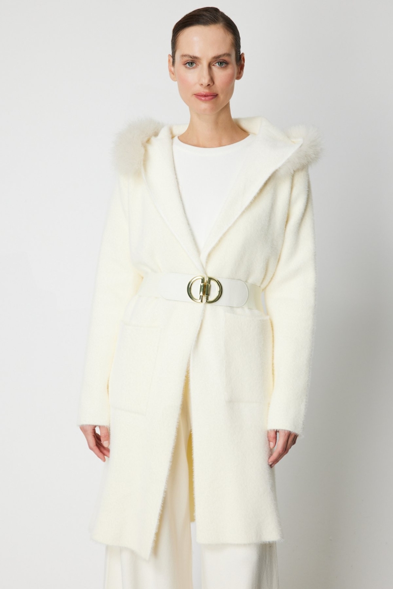 On Kadın Yakası Kürklü Peluş Hırka 63911 Krem Krem