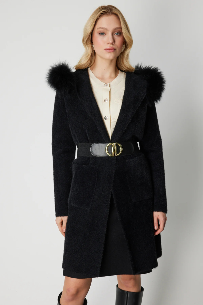 On Kadın Yakası Kürklü Peluş Hırka 63911 Siyah Siyah