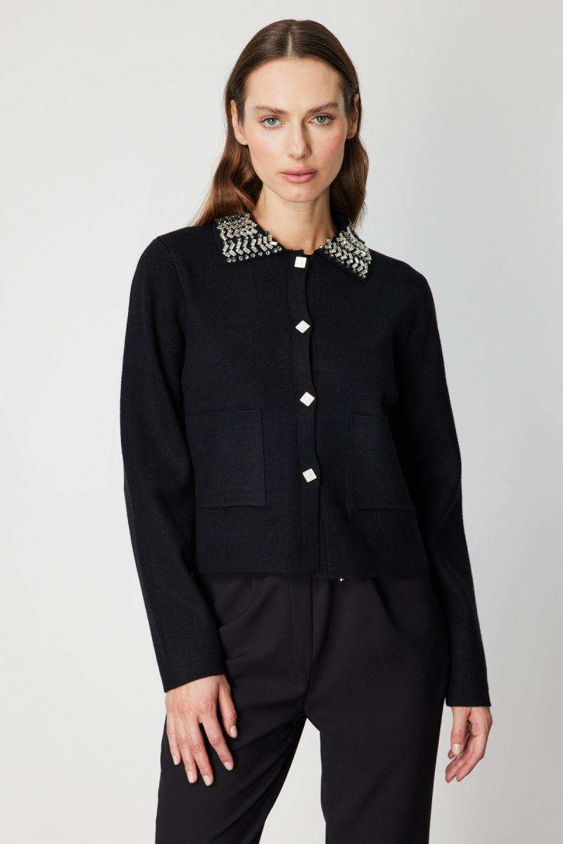 On Kadın Yakası Taşlı Torba Cepli Hırka 60907 Siyah Siyah