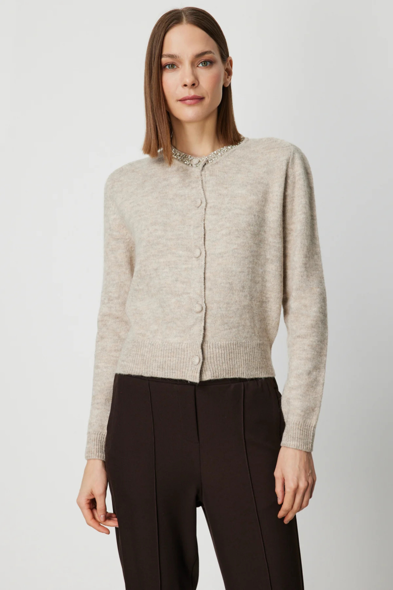 On Kadın Yakası Taşlı Triko Hırka 63927 Bej Bej