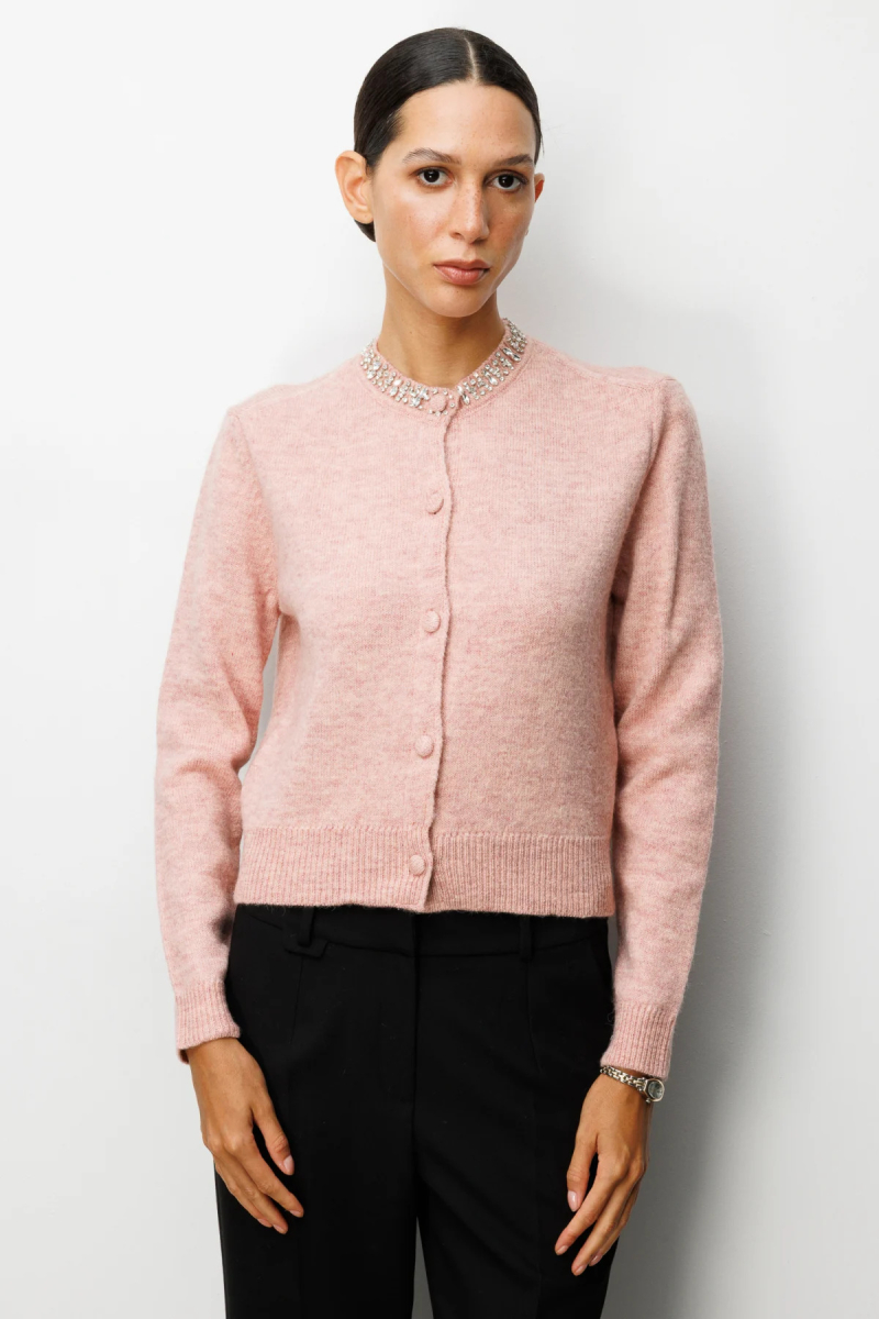 On Kadın Yakası Taşlı Triko Hırka 63927 Pembe Pembe