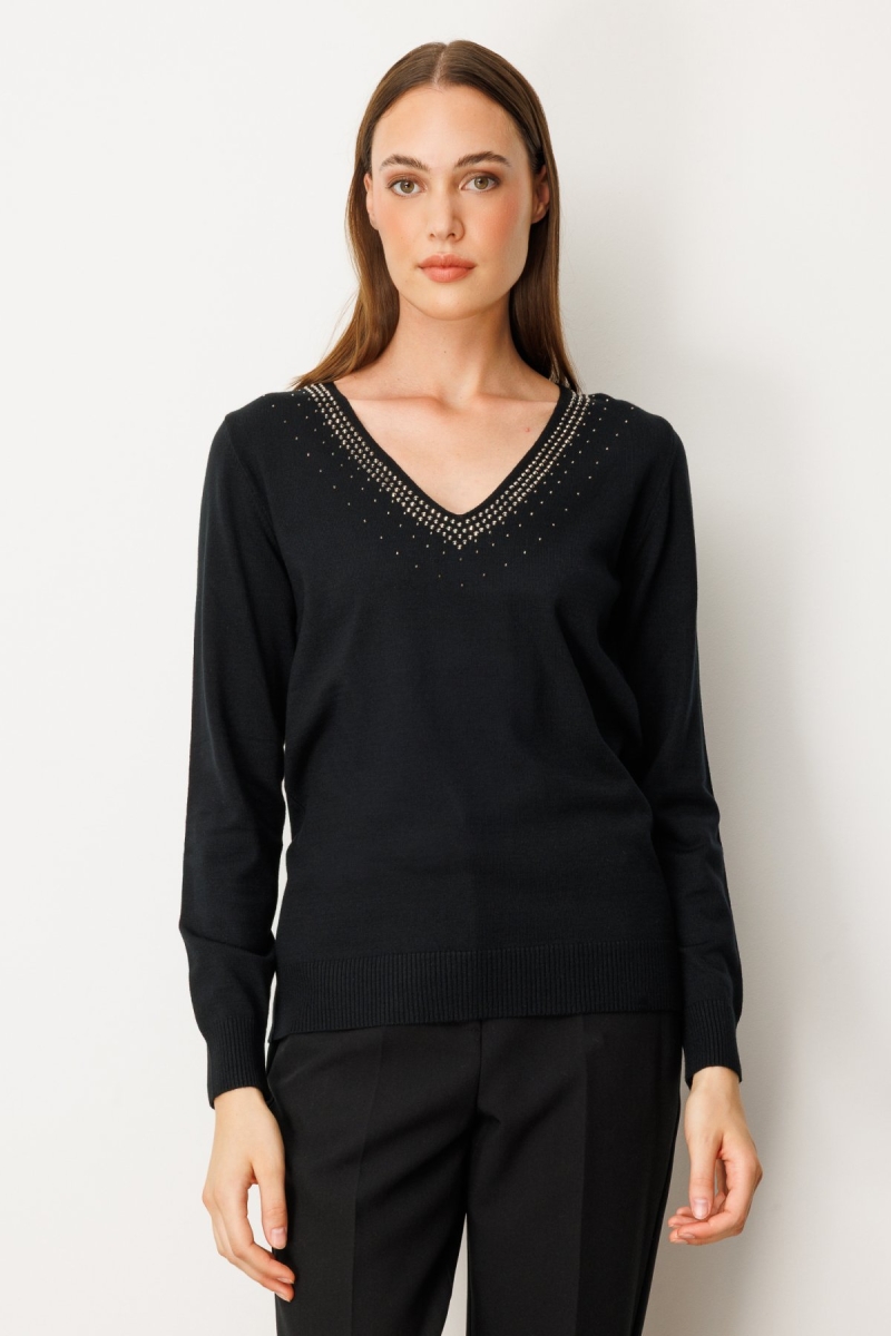 On Kadın Yakası Taşlı Triko Kazak 65314 Siyah Siyah