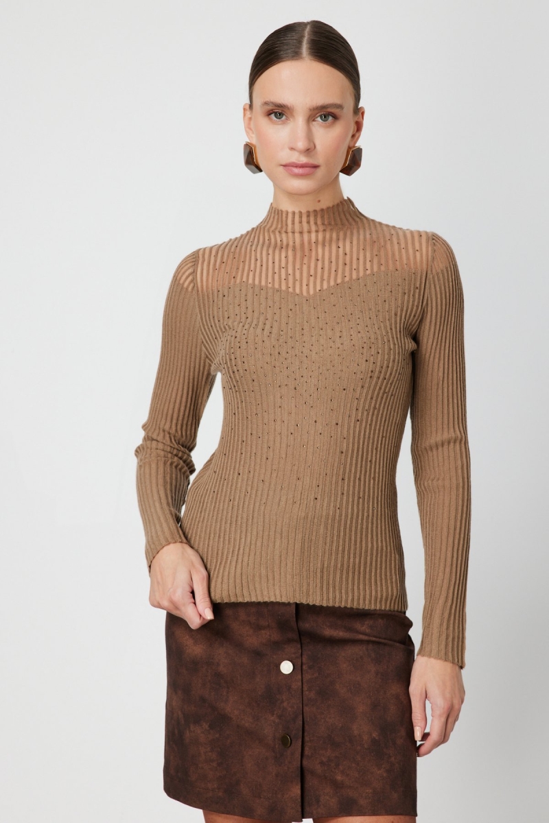 On Kadın Yakası Transparan Taşlı Triko Kazak 60340 Camel Camel