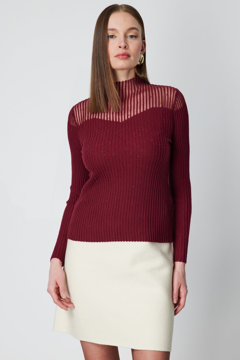 On Kadın Yakası Transparan Taşlı Triko Kazak 60340 Kırmızı Kırmızı