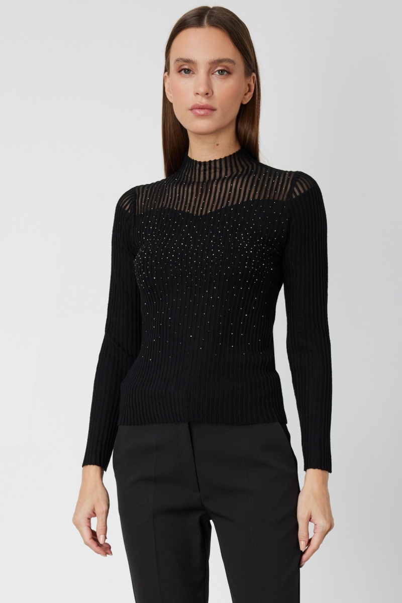 On Kadın Yakası Transparan Taşlı Triko Kazak 60340 Siyah Siyah