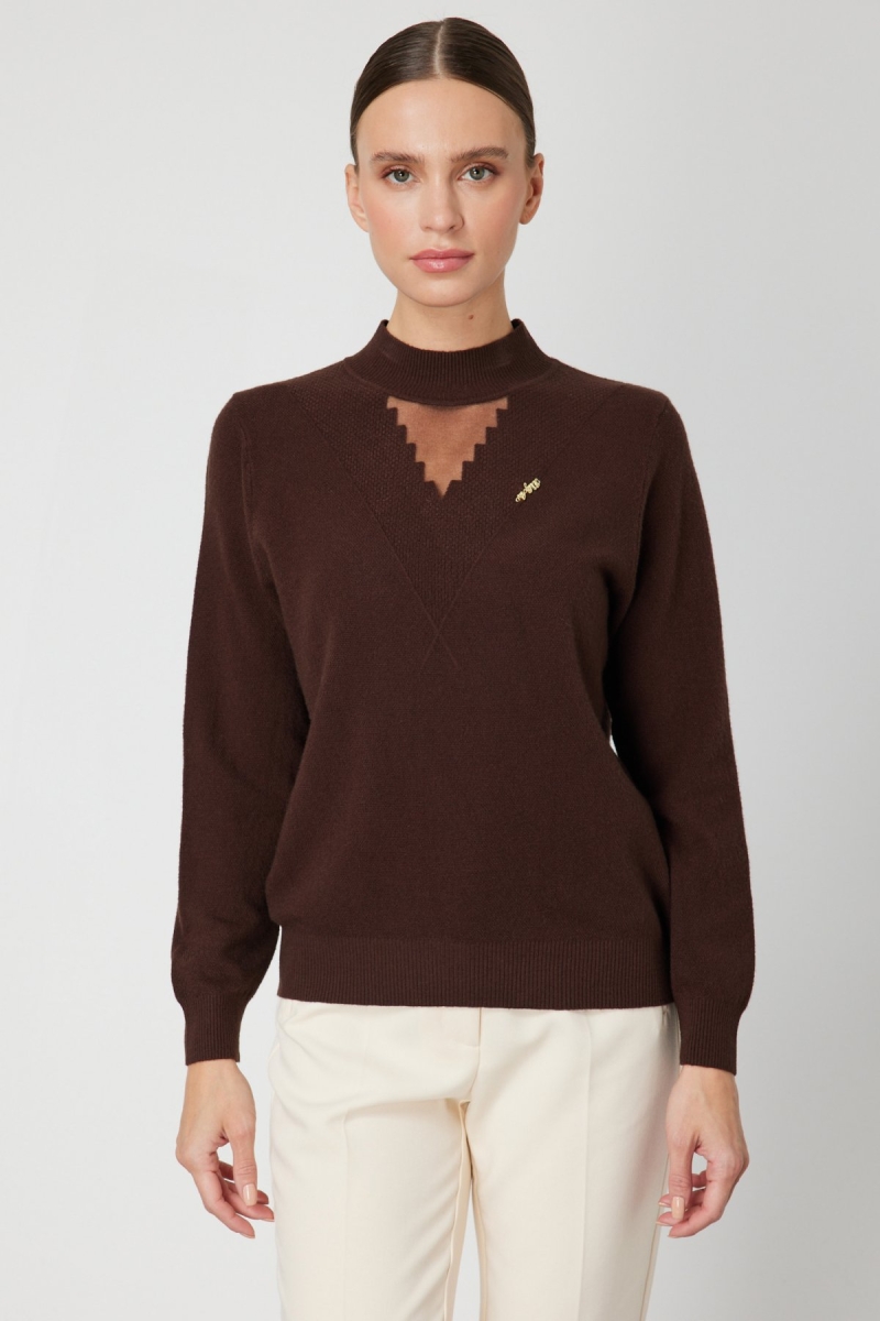 On Kadın Yakası Tül Detaylı Pamuklu Triko Kazak 60342 Kahverengi Kahverengi