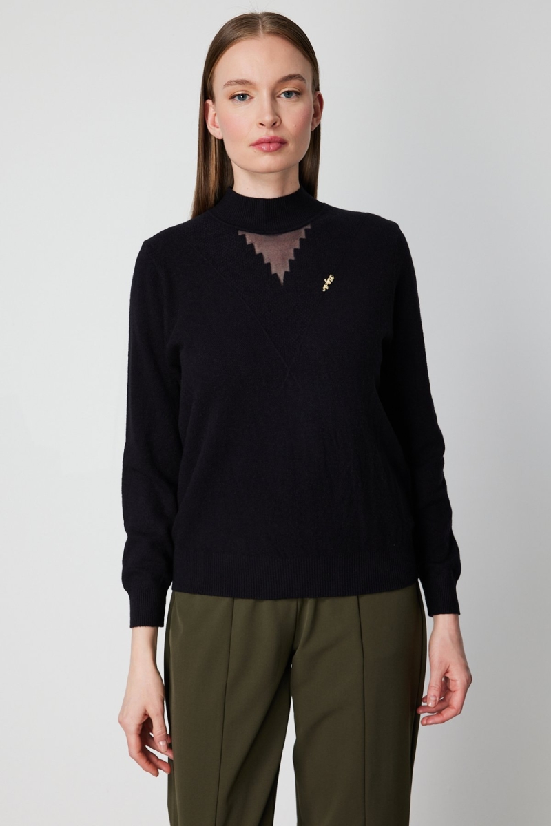 On Kadın Yakası Tül Detaylı Pamuklu Triko Kazak 60342 Siyah Siyah