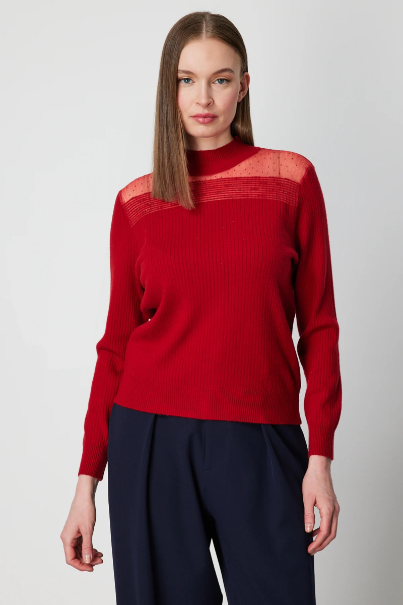 On Kadın Yakası Tül Detaylı Taşlı Triko Kazak 60343 Kırmızı Kırmızı