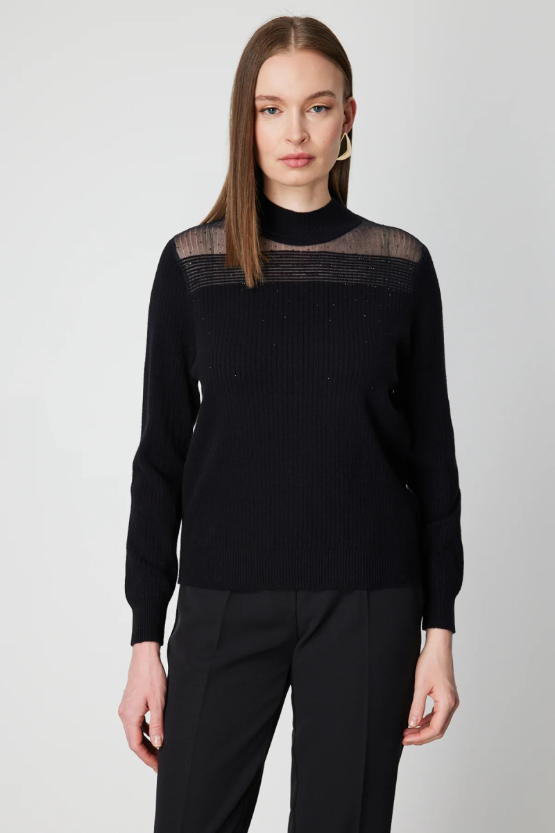 On Kadın Yakası Tül Detaylı Taşlı Triko Kazak 60343 Siyah Siyah