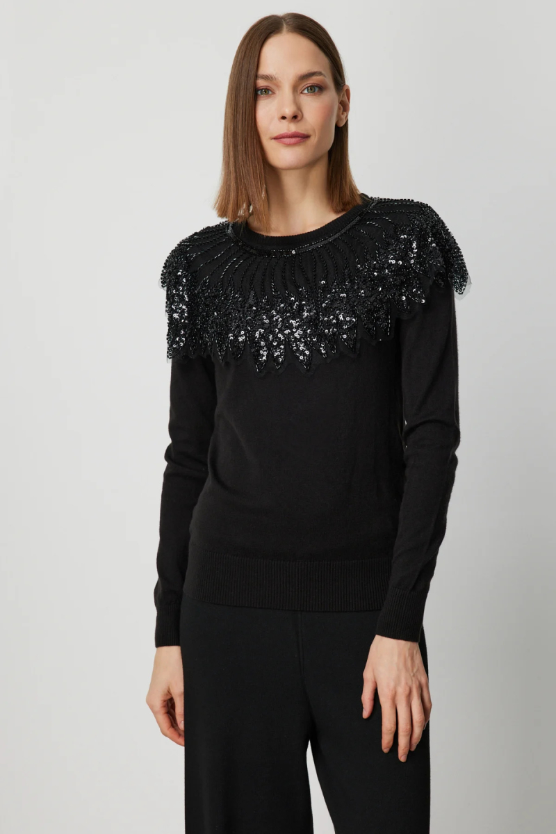 On Kadın Yakası Tüllü Taş İşlemeli Triko Kazak 66311 Siyah Siyah