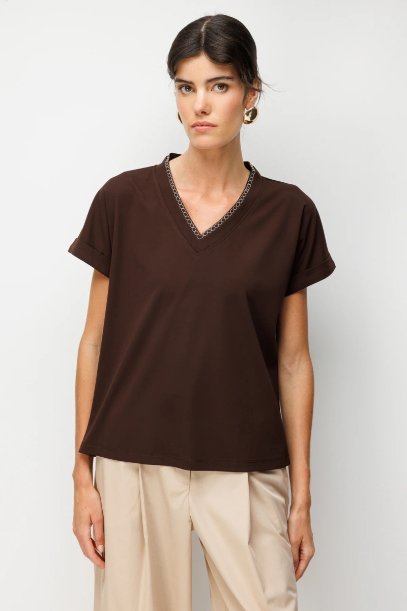 On Kadın Yakası Zincirli V Yaka T-Shirt 71352 Kahverengi Kahverengi
