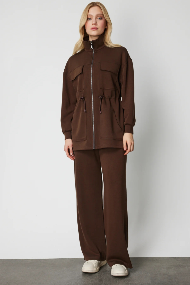 On Kadın Yan Cepli Bol Paça Eşofman Altı 66522 Kahverengi Kahverengi