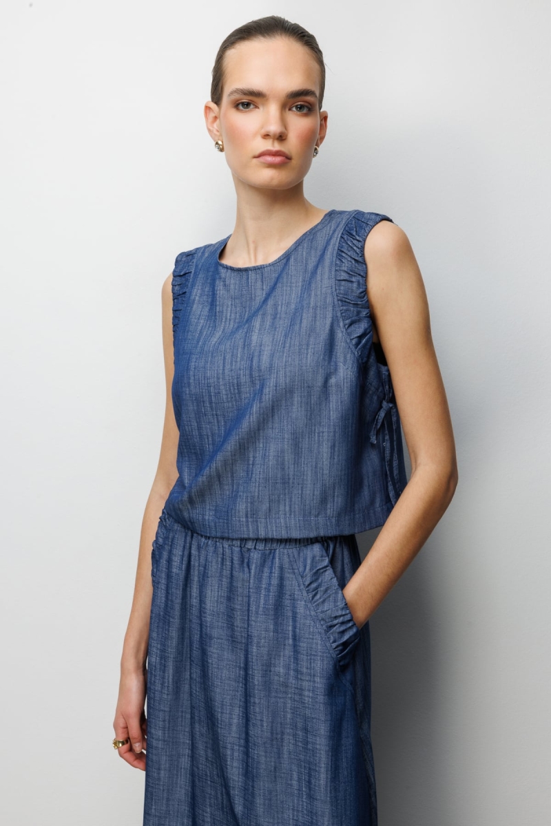 On Kadın Yanları Bağcıklı Crop Bluz 74320 Indigo Indigo