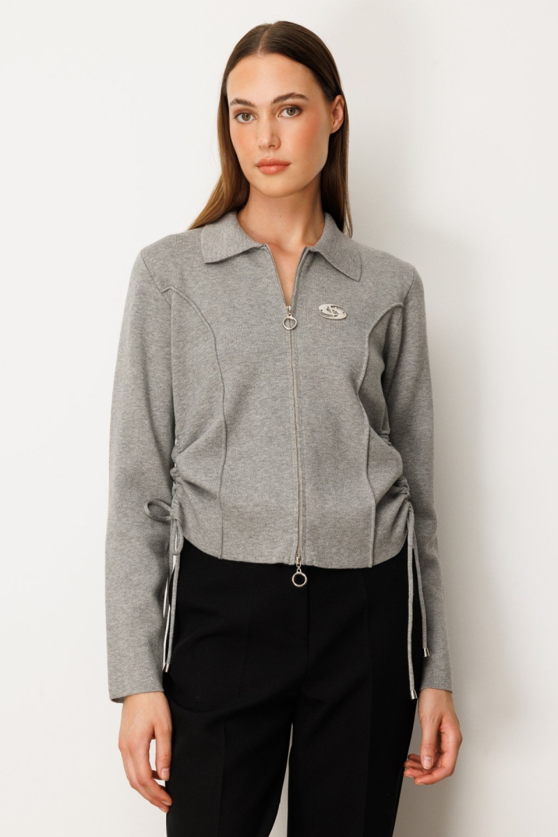 On Kadın Yanları Büzgü Detaylı Fermuarlı Hırka 63923 Gri Gri