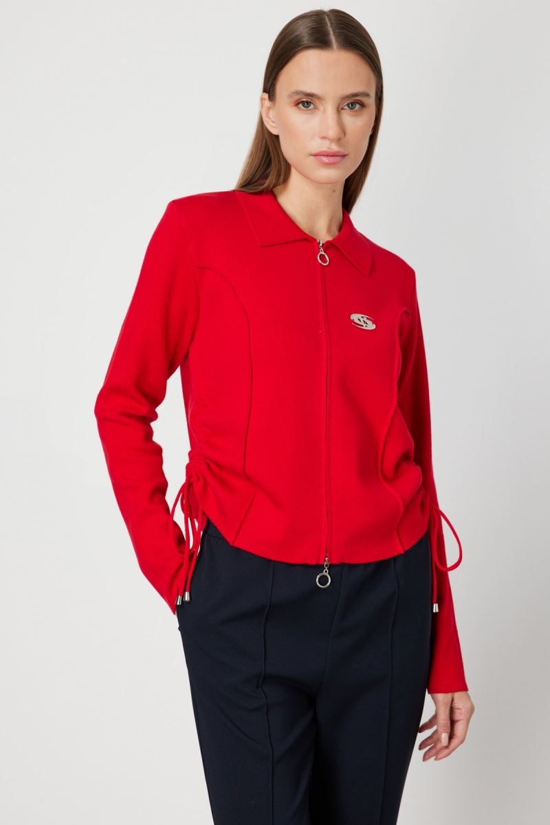 On Kadın Yanları Büzgü Detaylı Fermuarlı Hırka 63923 Kırmızı Kırmızı