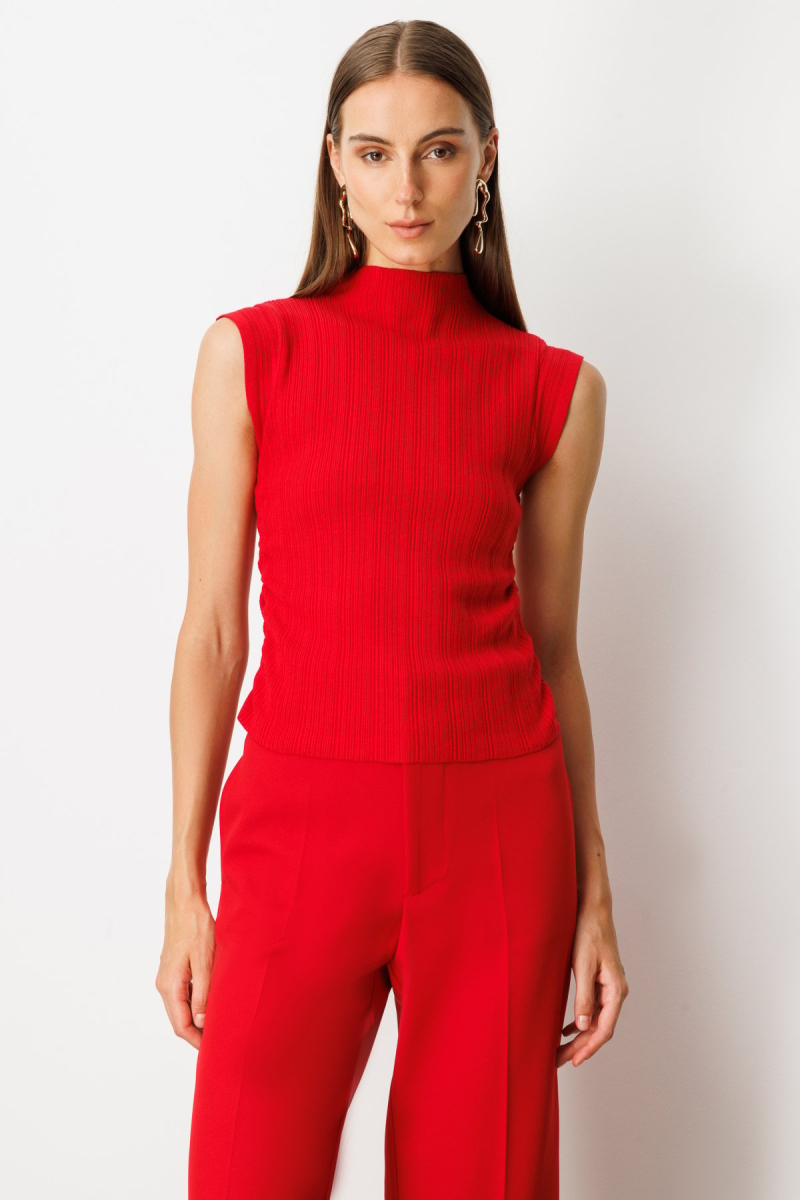 On Kadın Yanları Büzgülü Kolsuz Triko Kazak 65355 Kırmızı Kırmızı