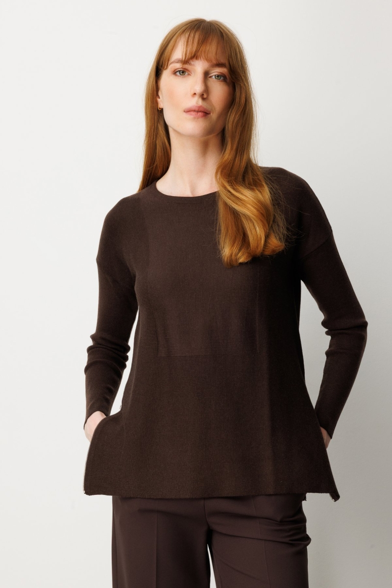 On Kadın Yanları Fermuarlı Sıfır Yaka Triko Kazak 65318 Kahverengi Kahverengi