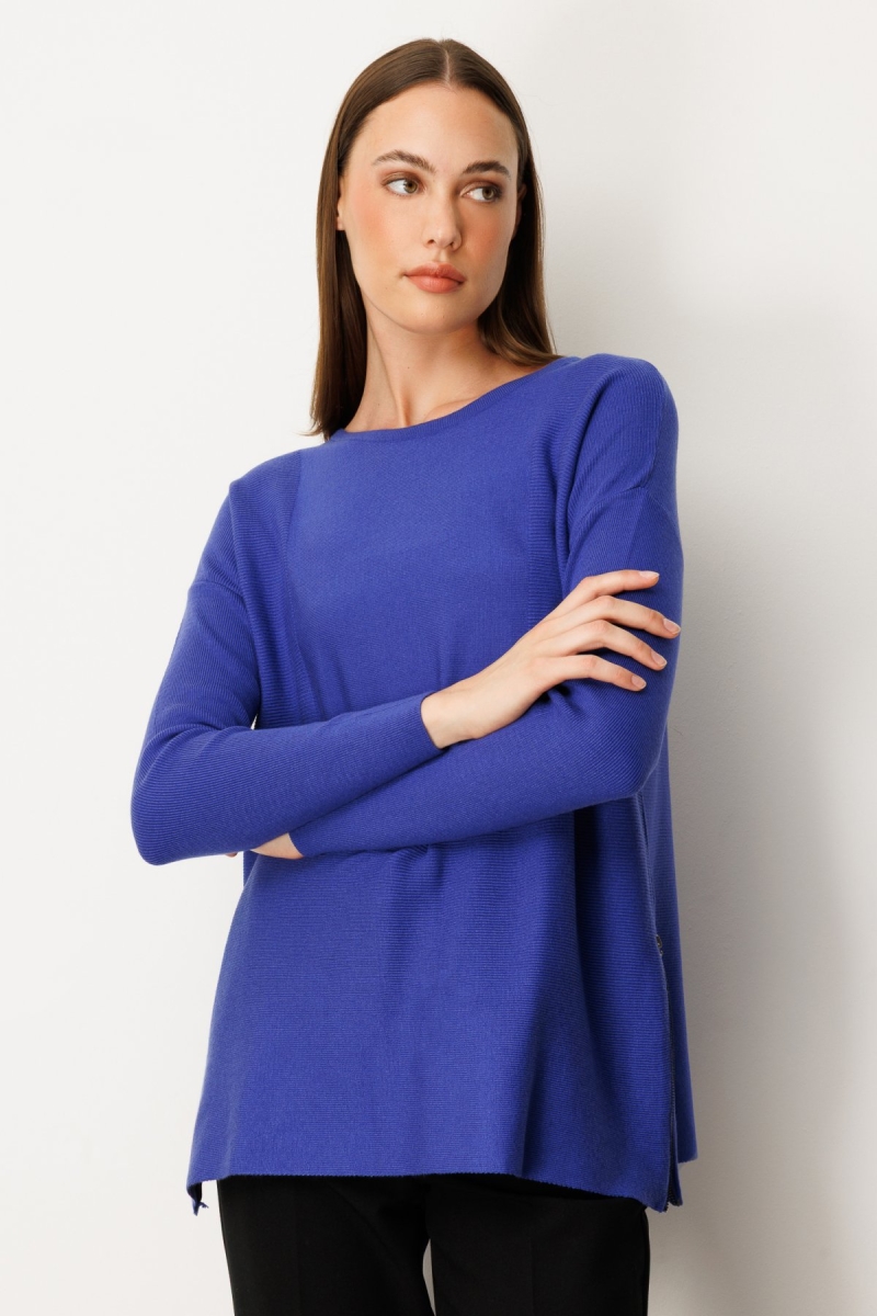 On Kadın Yanları Fermuarlı Sıfır Yaka Triko Kazak 65318 Saks Saks