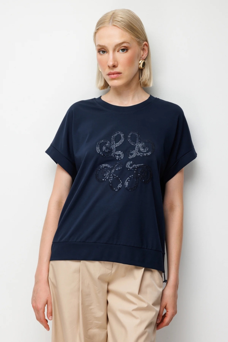 On Kadın Yanları Lastikli İşlemeli T-Shirt 70430 Lacivert Lacivert
