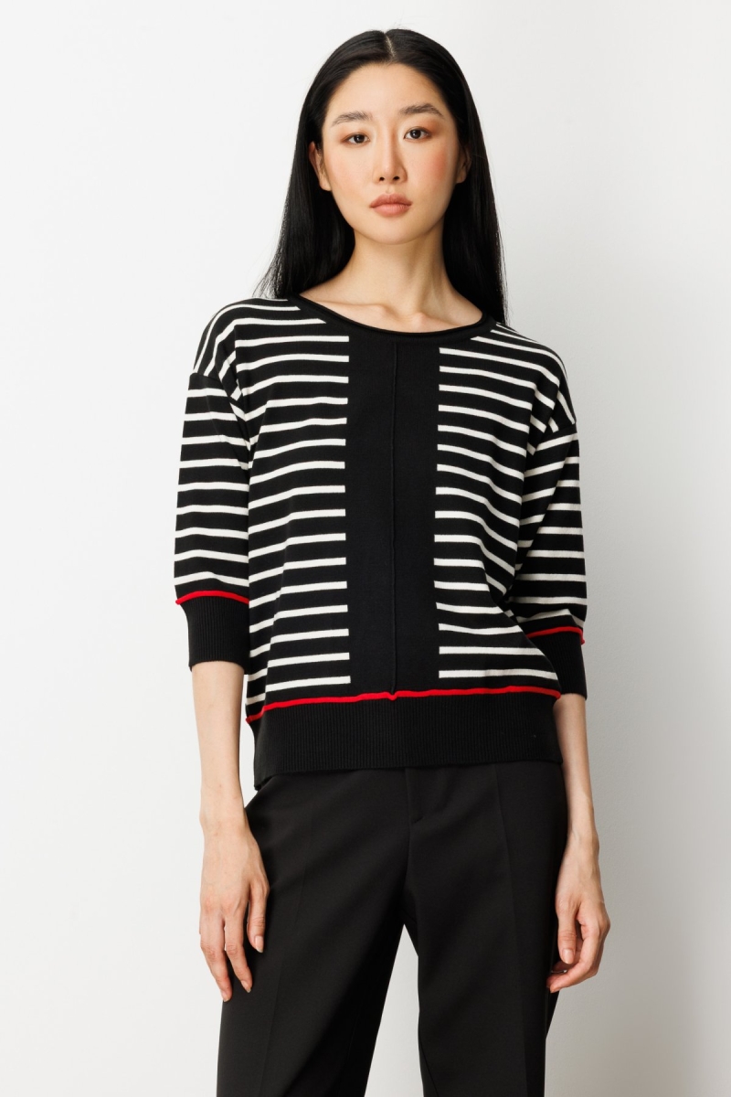 On Kadın Yarım Kol Çizgili Kazak 65302 Siyah Siyah