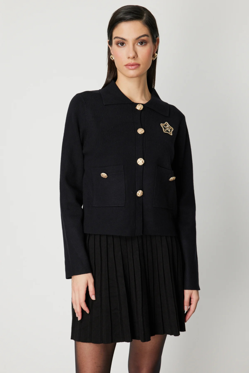 On Kadın Yıldız İşlemeli Torba Cepli Hırka 60926 Siyah Siyah