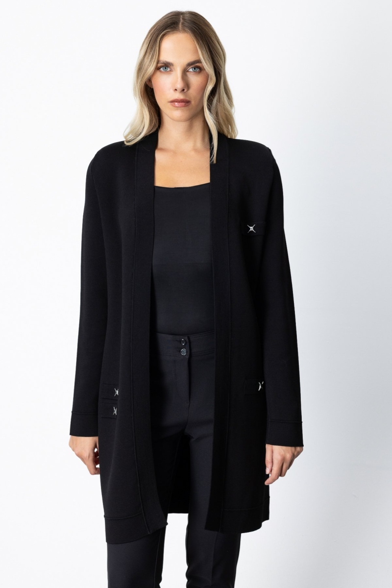 On Kadın Zımbalı Uzun Hırka 69917 Siyah Siyah