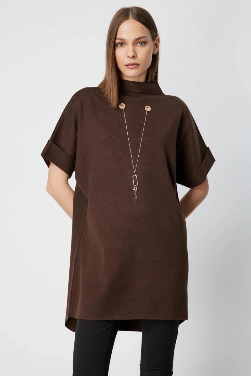 On Kadın Zincir Aksesuarlı Kısa Kollu Tunik 65360 Kahverengi Kahverengi