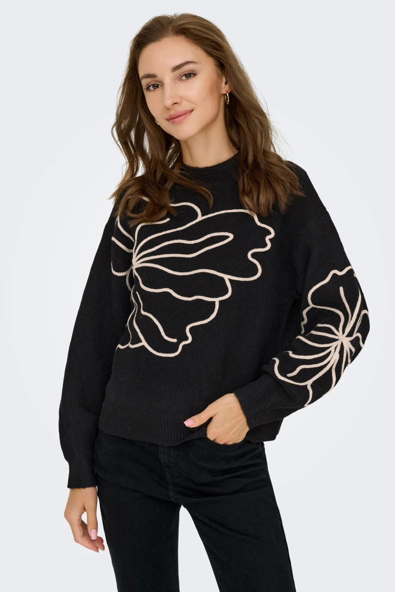 Only Kadın Jdyjella Desenli Yuvarlak Yaka Yünlü Kazak 15344518 Siyah Siyah