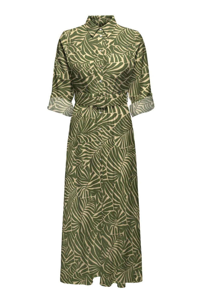 Only Kadın Onlcallıe Desenli Beli Kemerli Uzun Keten Elbise 15318799 Yeşil Yeşil