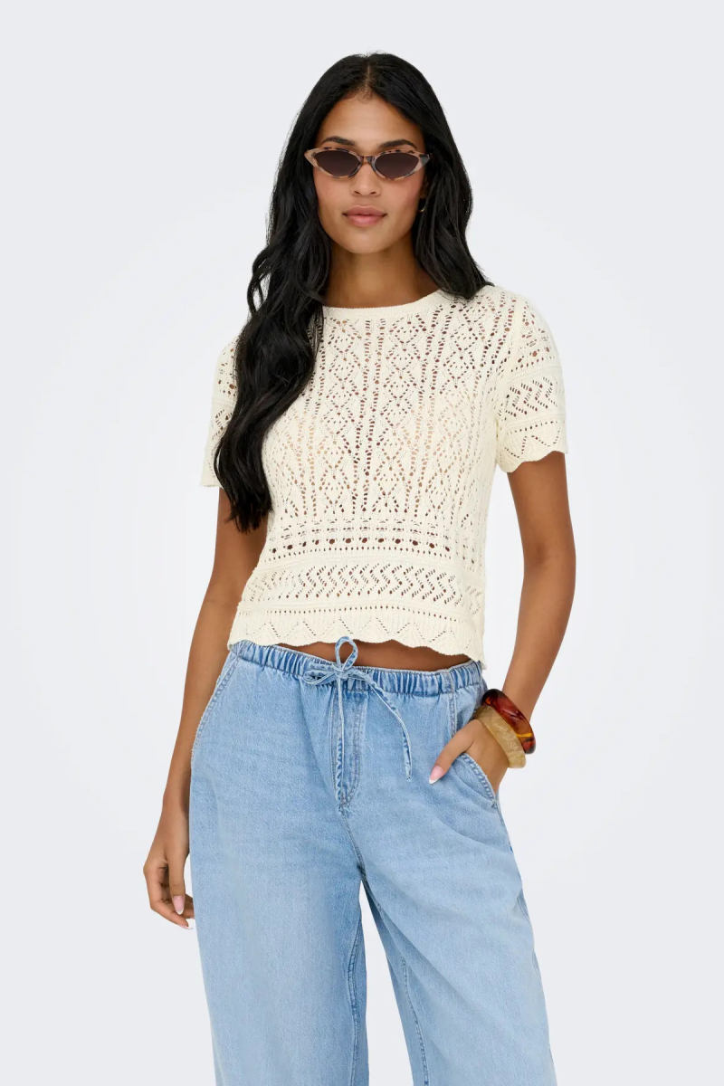 Only Kadın Onlelke Ajurlu Kısa Kollu Kazak 15370940 Ekru Ekru