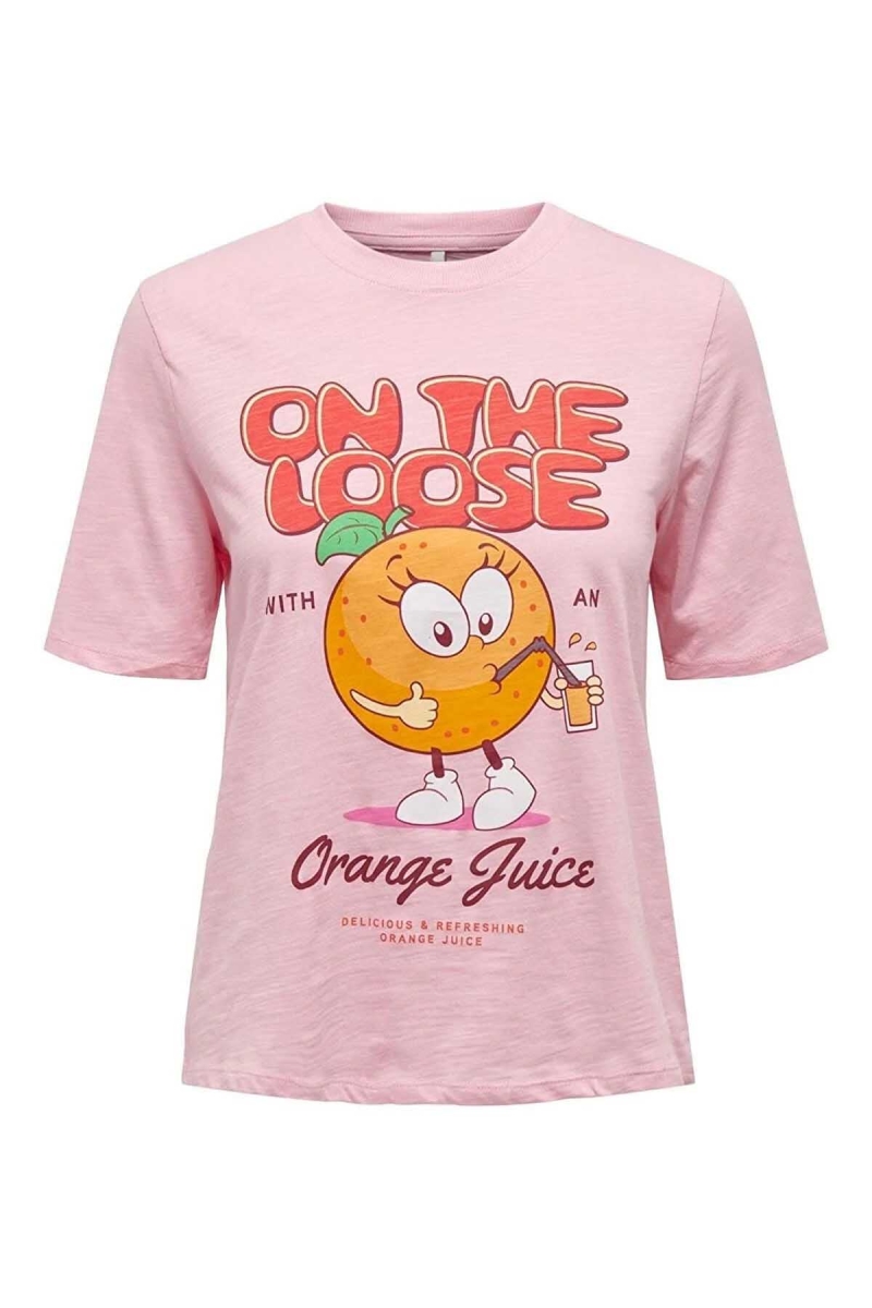Only Kadın Onlfammy Bisiklet Yaka Meyve Baskılı T-Shirt 15296955 Pembe Pembe