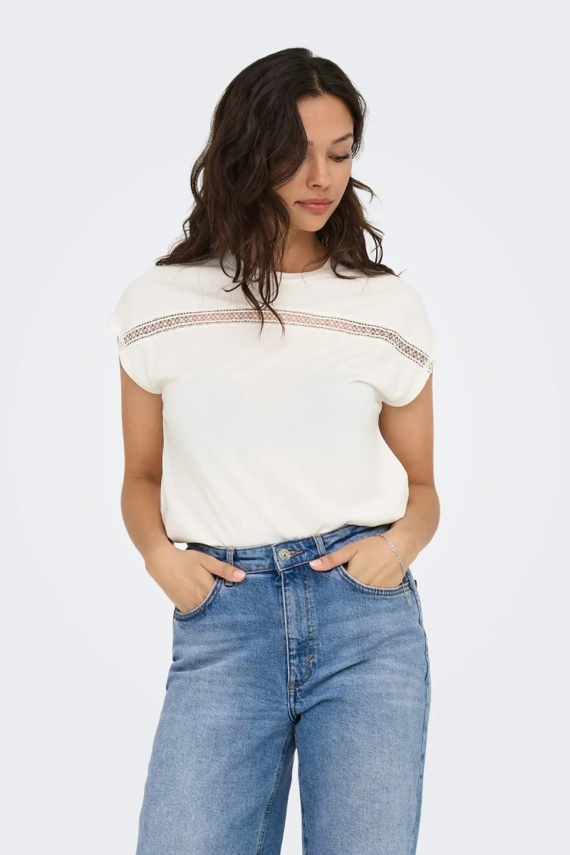 Only Kadın Onlfree Dantel Detaylı Kısa Kollu T-Shirt 15350108 Ekru Ekru