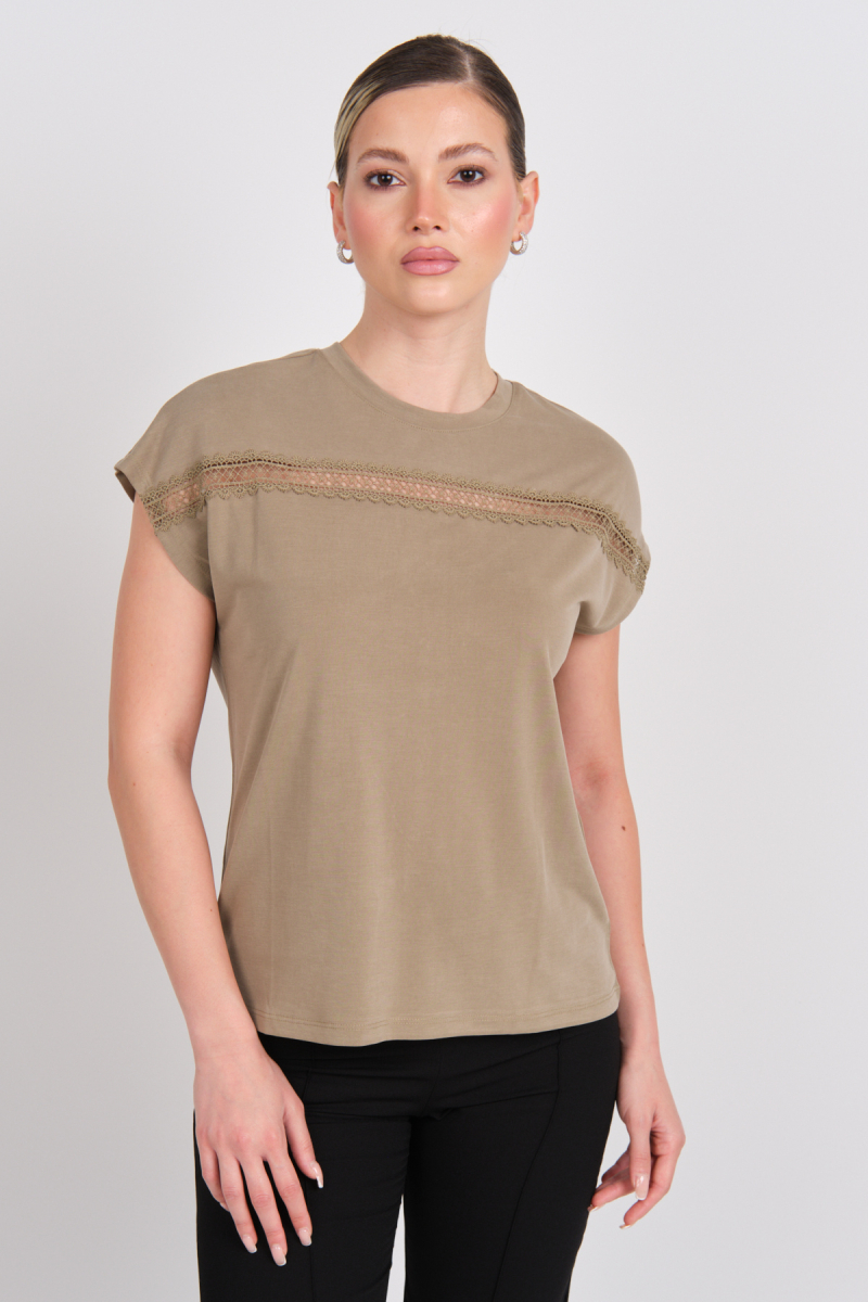 Only Kadın Onlfree Dantel Detaylı Kısa Kollu T-Shirt 15350108 Haki Haki