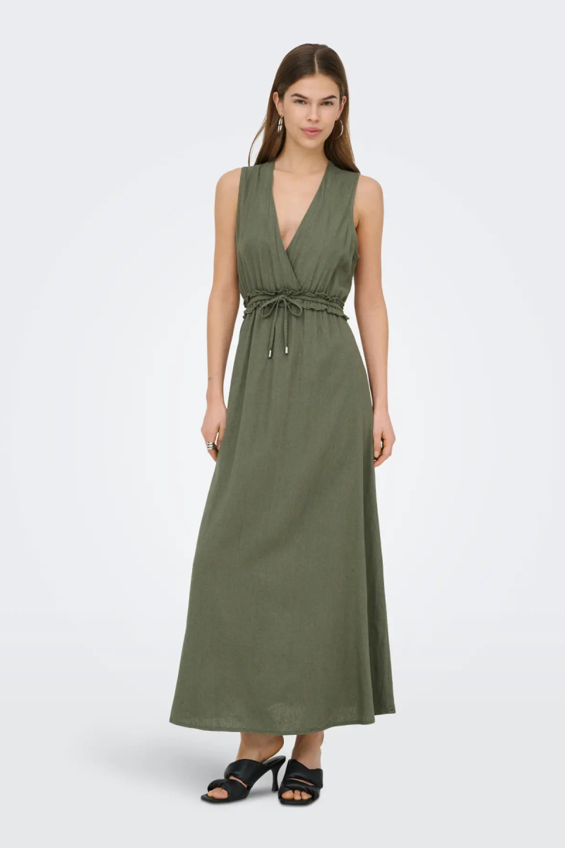 Only Kadın Onlgoa Kruvaze Yaka Beli Lastikli Keten Maxi Elbise 15363694 Haki Haki