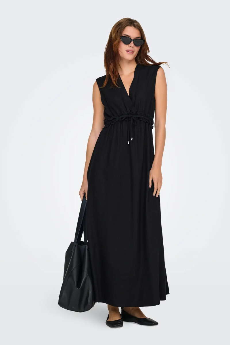 Only Kadın Onlgoa Kruvaze Yaka Beli Lastikli Keten Maxi Elbise 15363694 Siyah Siyah