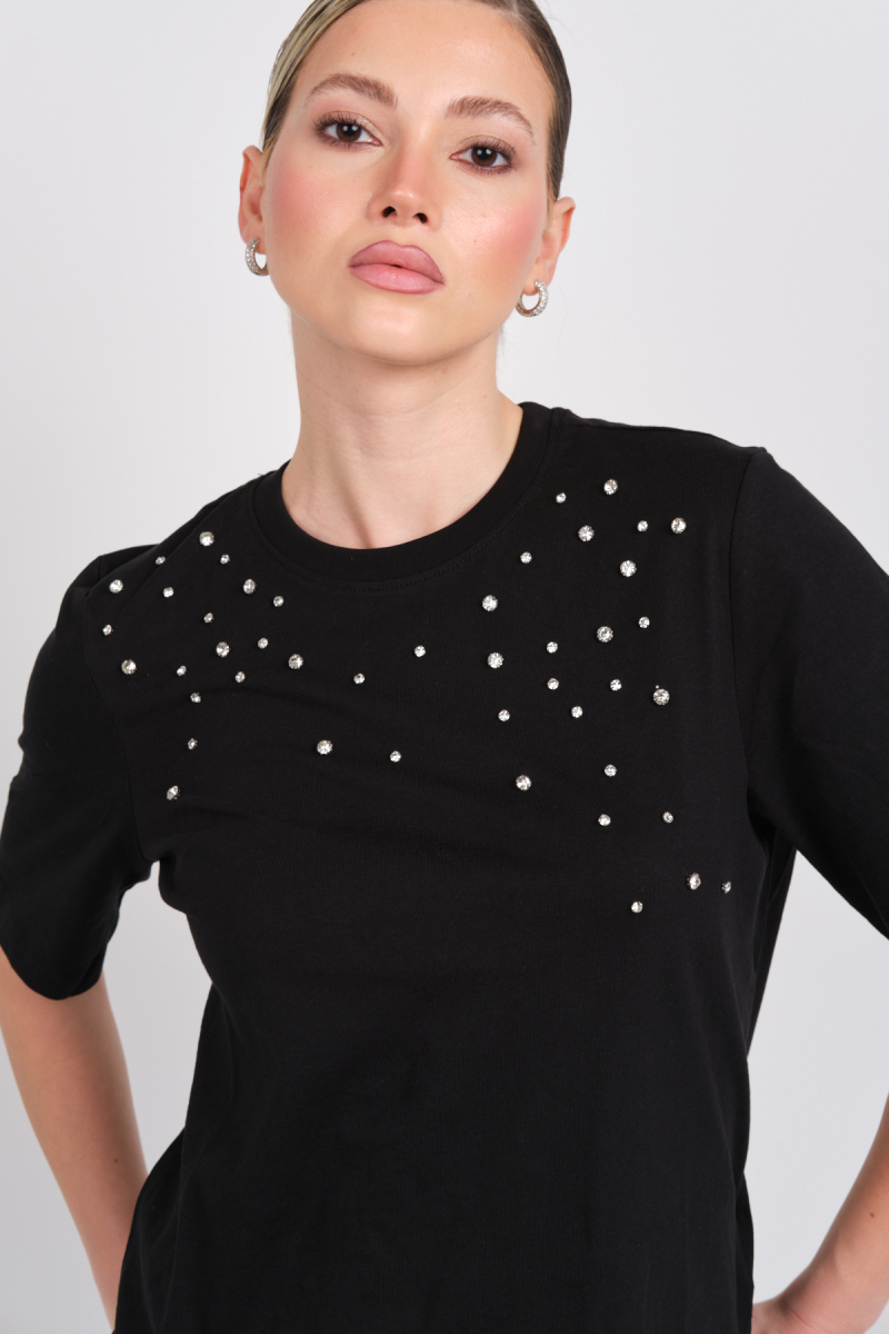 Only Kadın Onljulıa Bisiklet Yaka Taş Detaylı %100 Pamuk T-Shirt 15324847 Siyah Siyah