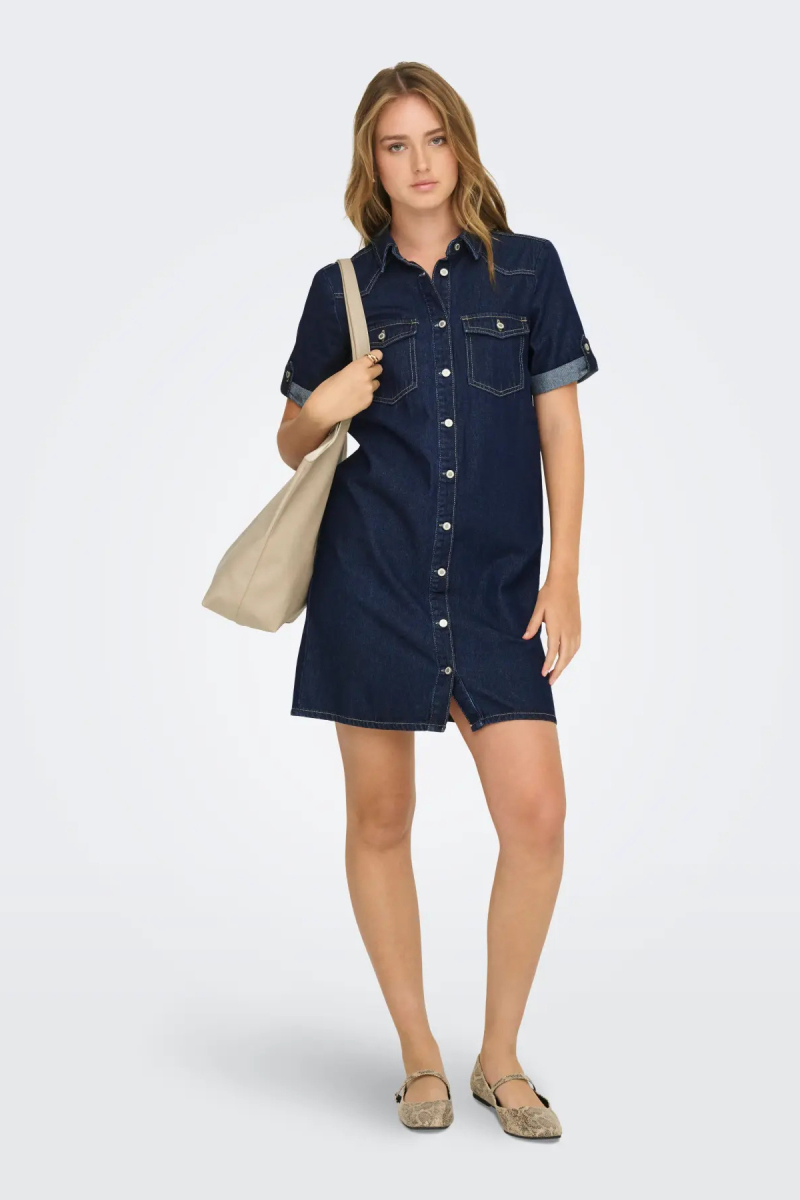 Only Kadın Onllısa Kısa Kollu Çift Cepli Kısa Kot Elbise 15353176 Koyu Mavi Koyu Mavi