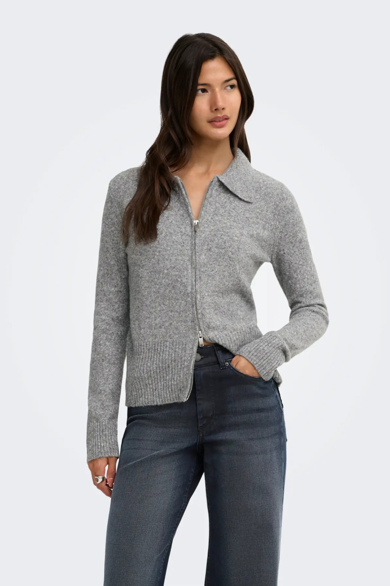 Only Kadın Onlmacey Polo Yaka Fermuarlı Yün Hırka 15382508 Gri Gri