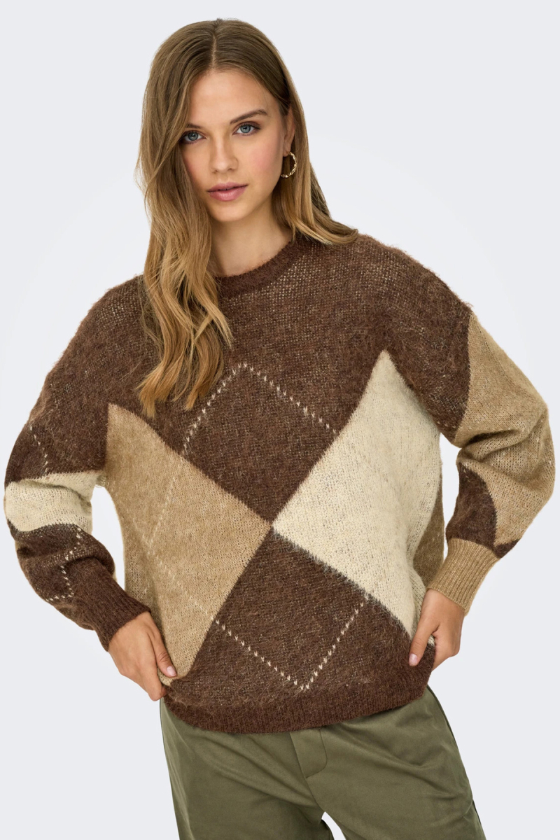 Only Kadın Onlnoeme Desenli Bisiklet Yaka Yünlü Kazak 15353226 Kahverengi Kahverengi